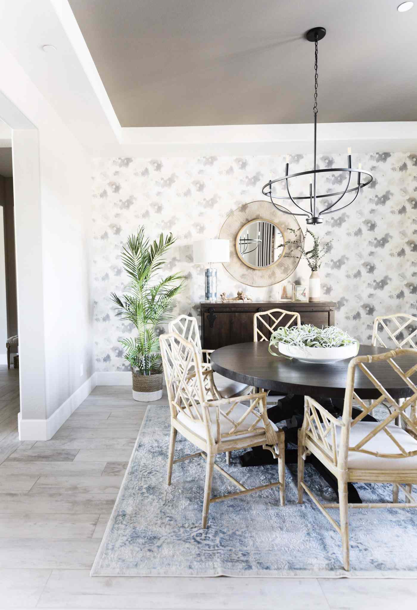 Bright interior with a layered wall treatment and quiet furnishings